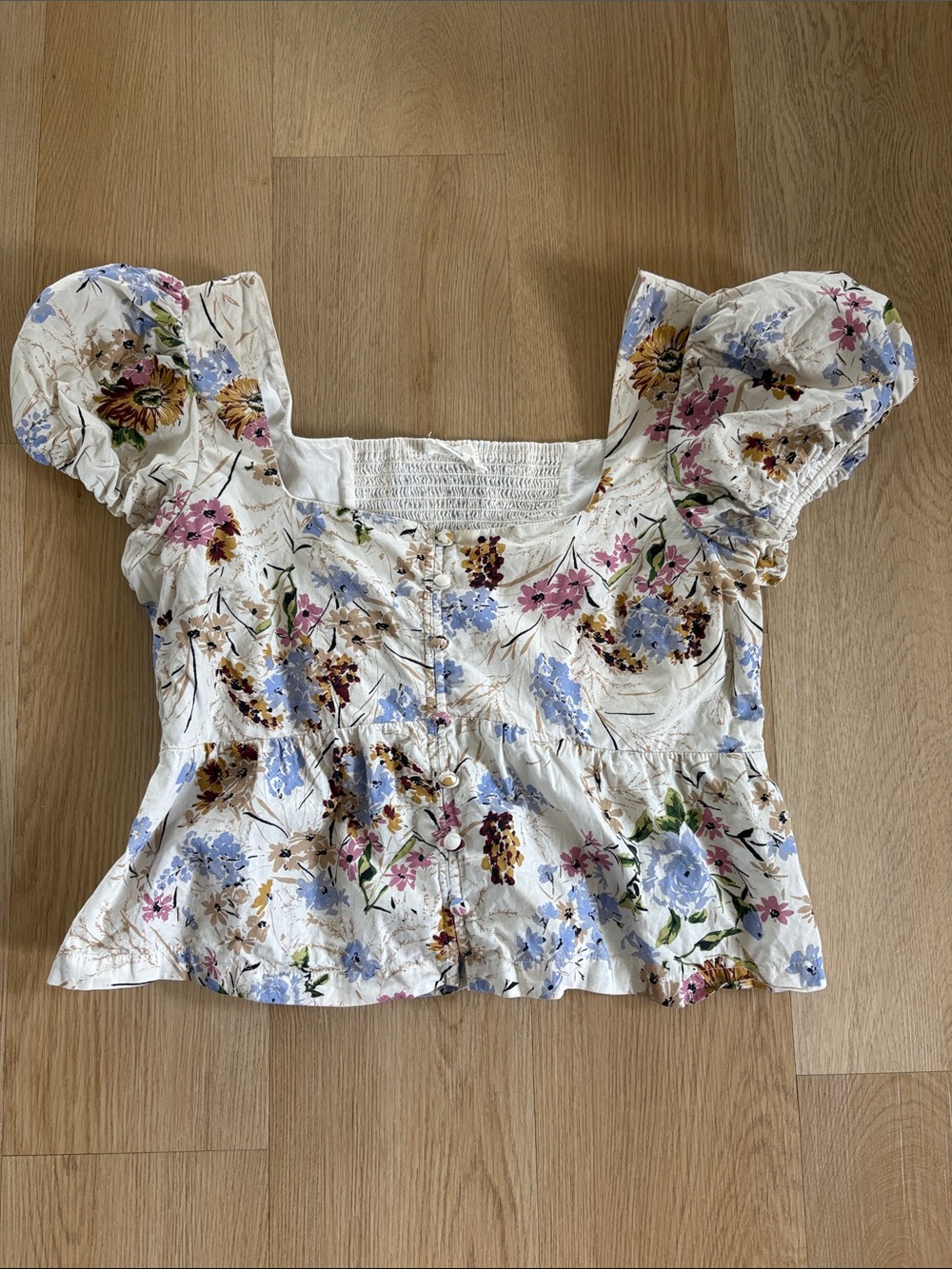 Anthropologie Cream Floral Square-Neck Puff Sleeve Peplum Top